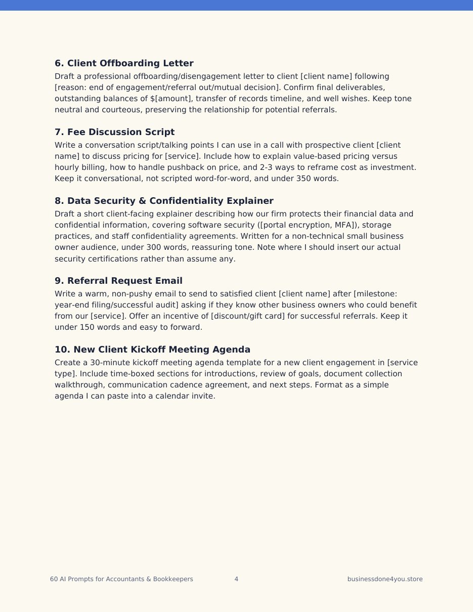 Sample page of prompts from the 60 AI Prompts for Accountants & Bookkeepers PDF