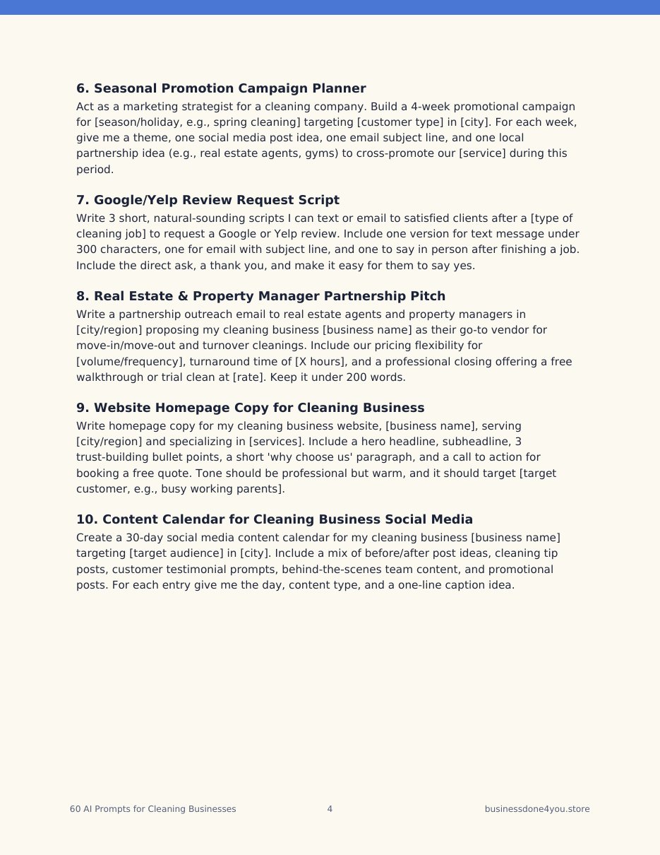 Sample page of prompts from the 60 AI Prompts for Cleaning Businesses PDF