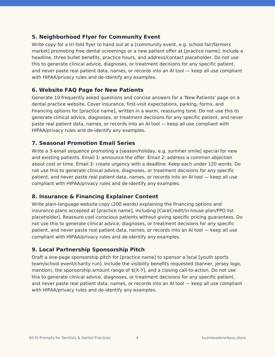Sample page of prompts from the 60 AI Prompts for Dentists & Dental Practices PDF