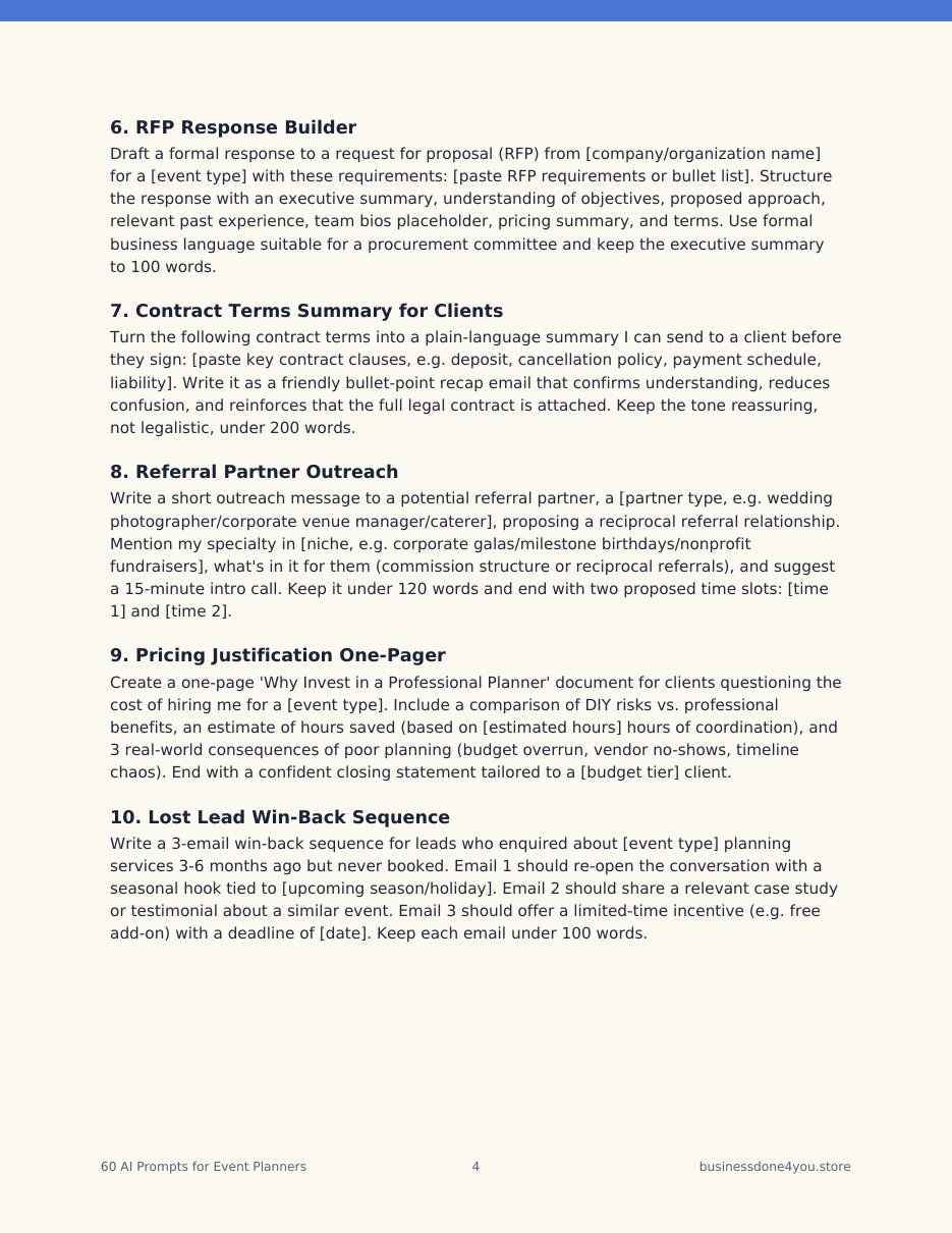 Sample page of prompts from the 60 AI Prompts for Event Planners PDF