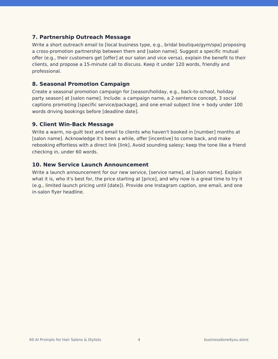 Sample page of prompts from the 60 AI Prompts for Hair Salons & Stylists PDF