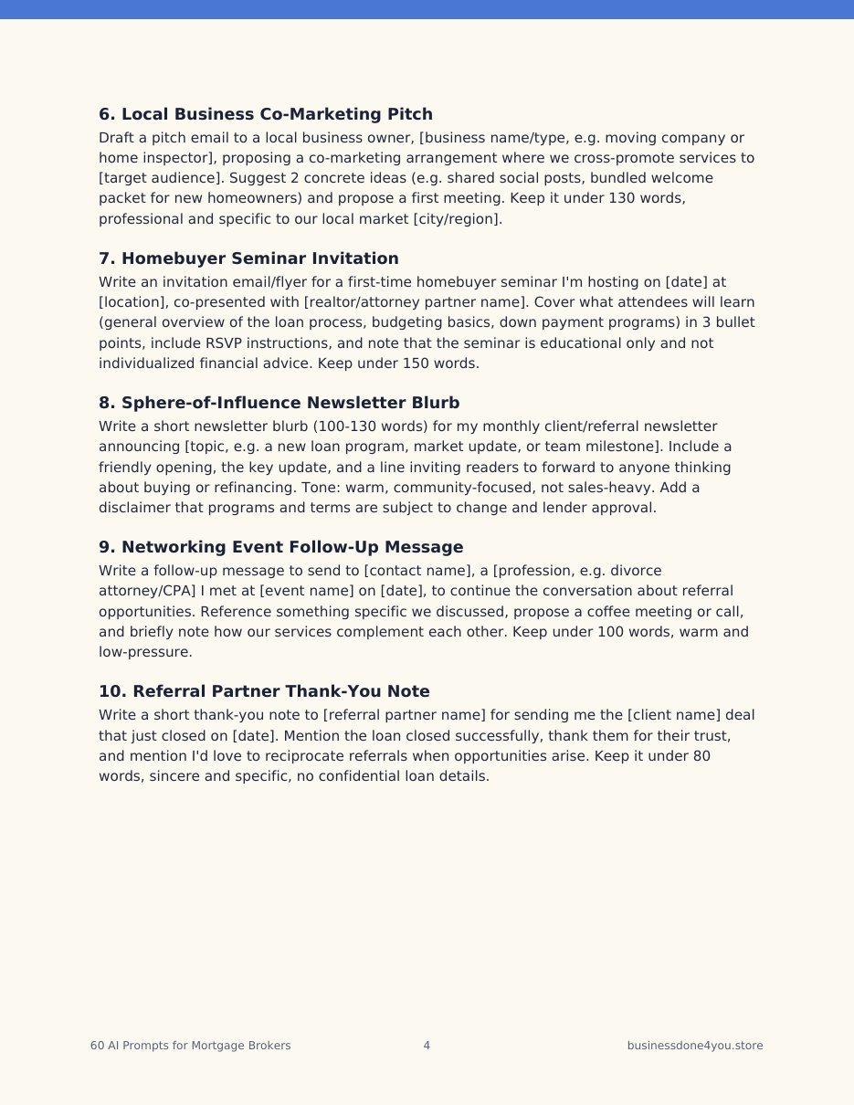 Sample page of prompts from the 60 AI Prompts for Mortgage Brokers PDF
