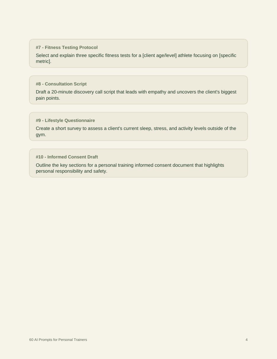 Sample page of prompts from the 60 AI Prompts for Personal Trainers PDF