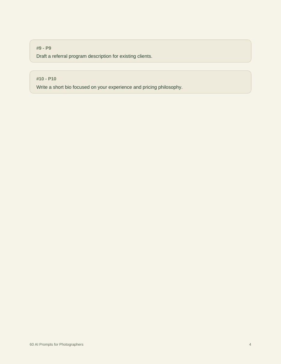 Sample page of prompts from the 60 AI Prompts for Photographers PDF