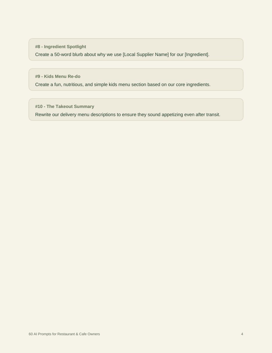 Sample page of prompts from the 60 AI Prompts for Restaurant & Cafe Owners PDF