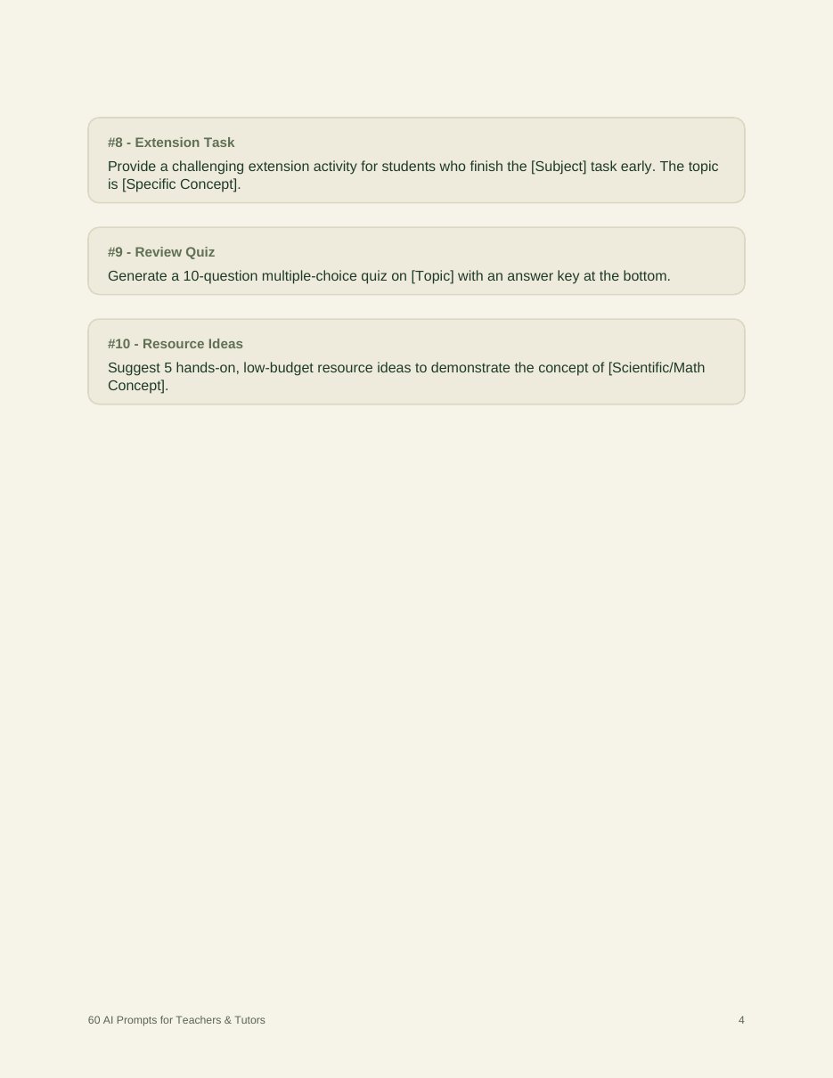Sample page of prompts from the 60 AI Prompts for Teachers & Tutors PDF