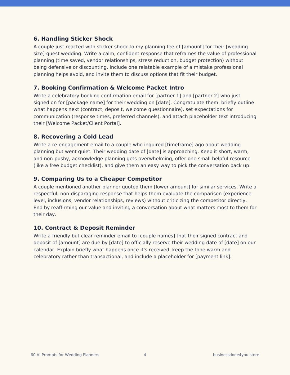 Sample page of prompts from the 60 AI Prompts for Wedding Planners PDF